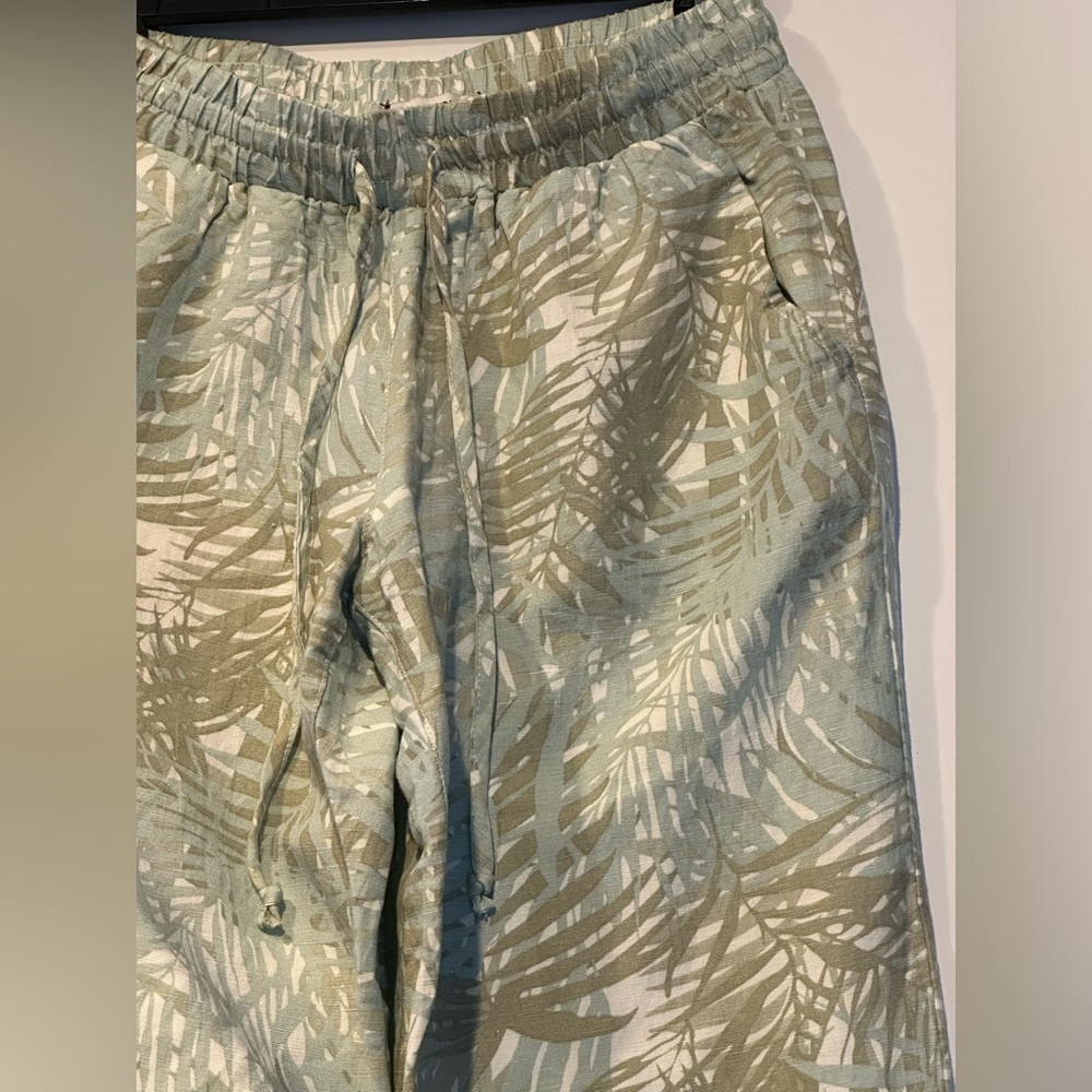 Dear John Wide Leg Pants Womens XSmall Palm Linen Blend Pull On Lounge Split Hem